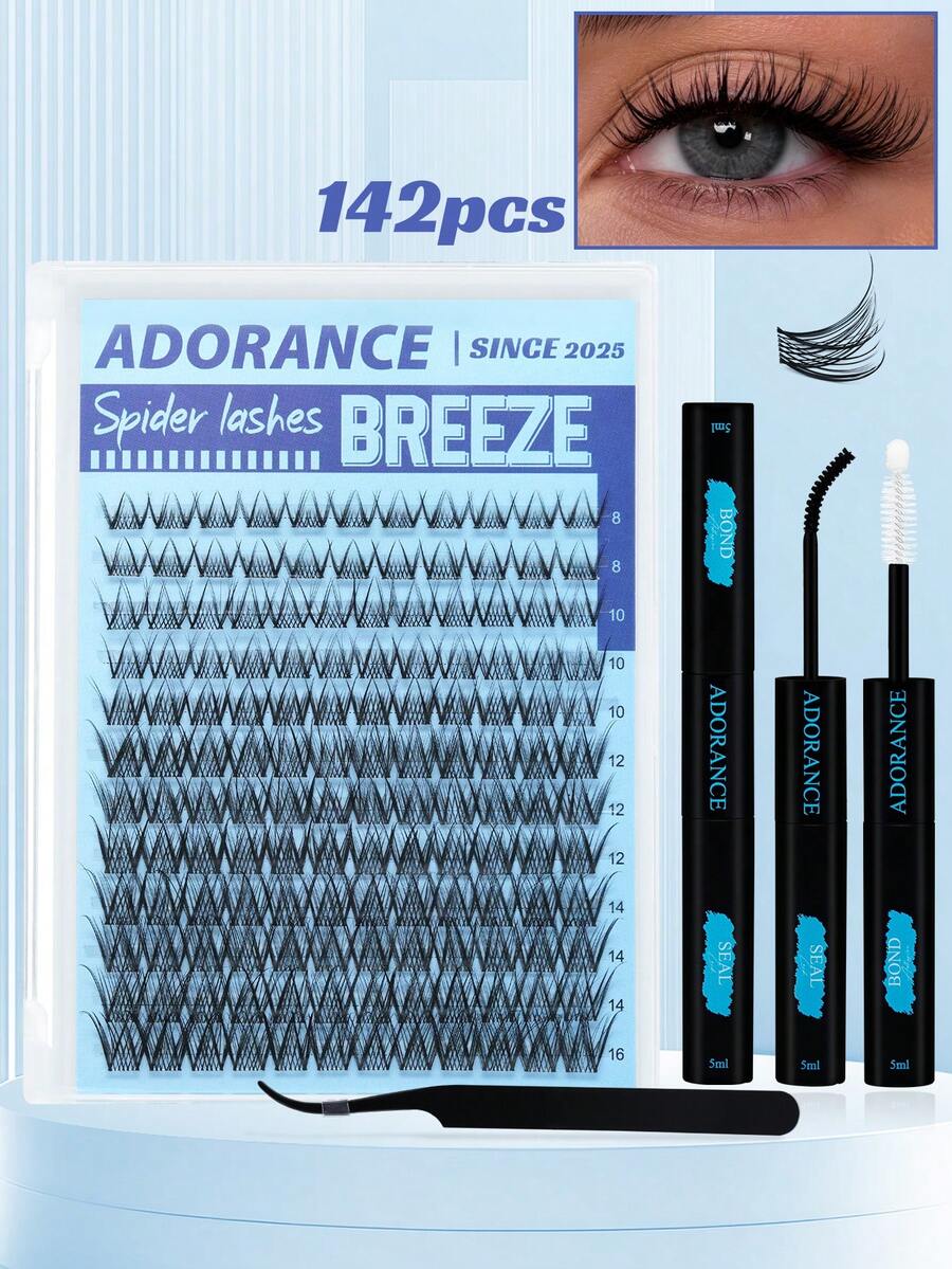 ADORANCE 142片蜘蛛睫毛簇,纤细轻盈,自然飘逸,维纳斯簇睫毛嫁接,D型卷翘,适合角色扮演,单根睫毛,隐形带,可在家DIY,长度8-16毫米,含粘合剂和封层剂,以及睫毛辅助器 - 黑色 - 查看 1