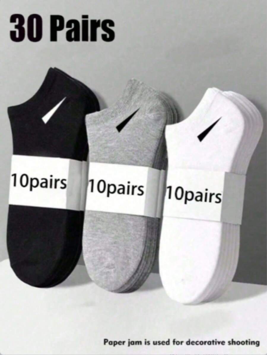 30 Pairs Unisex Socks, Sports Socks, White/Black/Gray Short Socks, Invisible Socks, Solid Color Minimalist Fashion, Suitable For Casual Daily Wear (2/10/18/20/30/40/60/80/90pcs, 2pcs = 1 Pair) - Multicolor - View 1