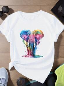 Camiseta de mujer con vibrante diseño de elefante en acuarela, camiseta deportiva de manga corta en talla grande. - Blanco - Ver 1
