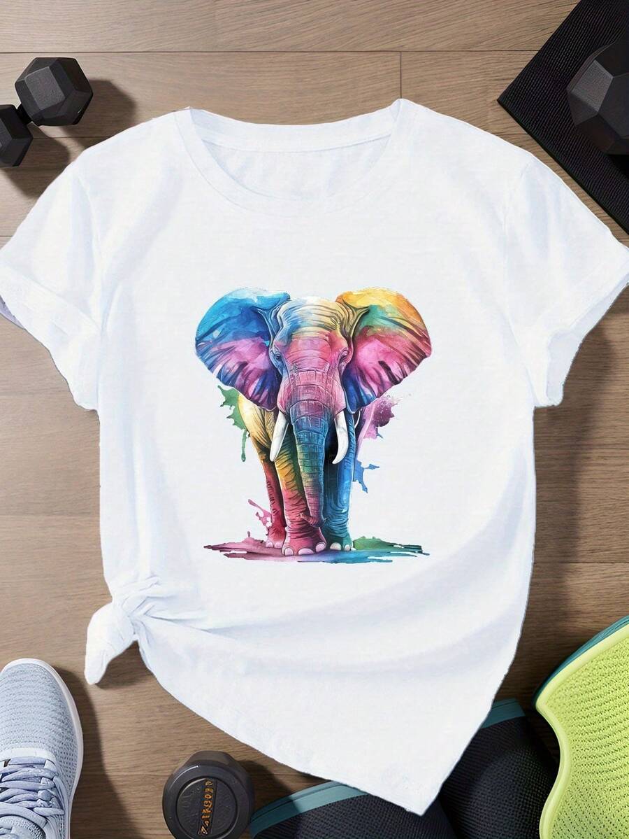 Camiseta de mujer con vibrante diseño de elefante en acuarela, camiseta deportiva de manga corta en talla grande. - Blanco - Ver 1
