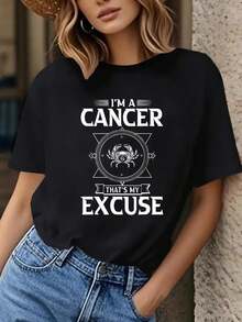 Cancer Zodiac Sign Crab Graphic T-Shirt - "I'm A Cancer, That's My Excuse" Design, Black With White Lettering, Casual Crew Neck Short Sleeve, Medium Stretch Fit, Fun Astrology Themed Casual Wear For Cancer Season (June 21 - July 22) - 黑色 - 查看 6
