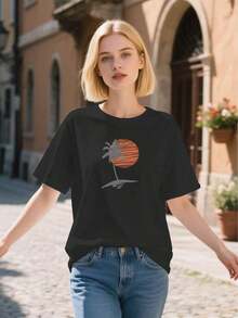 Men's And Women's Tropical Palm Tree And Sunset Print T-Shirt - Orange-Yellow Gradient, Loose Fit, Beach Vacation T-Shirt, Casual Everyday Wear And Tropical Getaways - Unisex T-Shirt - 黑色 - 查看 7