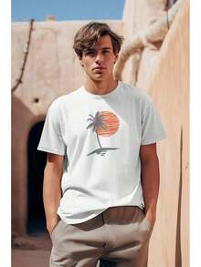 Men's And Women's Tropical Palm Tree And Sunset Print T-Shirt - Orange-Yellow Gradient, Loose Fit, Beach Vacation T-Shirt, Casual Everyday Wear And Tropical Getaways - Unisex T-Shirt - 白色 - 查看 6