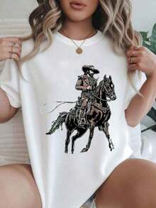 Vintage Women's Clothing "Cowboy Lasso" Fashionable Printed Casual T-Shirt Suitable For All Seasons
Women's White Shirt Top Women's T-Shirts > Basic - 白色 - 查看 7