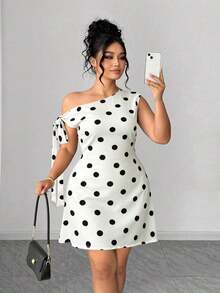 Vestido corto asimétrico de hombro de unicolor para mujer de talla grande - Blanco y Negro - Ver 3