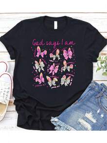 1 Women's White Cotton T-Shirt With The Phrase "God Says I Am Inspiring" For Easter - Faith And Rabbit Theme, Geometric Pattern, Casual Crew Neck, 180g 100% Cotton - 黑 - 查看 1