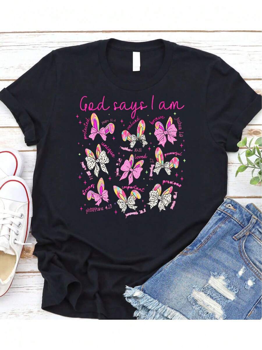 1 Women's White Cotton T-Shirt With The Phrase "God Says I Am Inspiring" For Easter - Faith And Rabbit Theme, Geometric Pattern, Casual Crew Neck, 180g 100% Cotton - 黑 - 查看 1