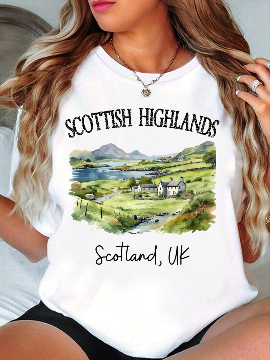 1 camiseta con estampado de las Tierras Altas escocesas, recuerdo de viaje británico, 180g 100% algodón. - Blanco - Ver 1