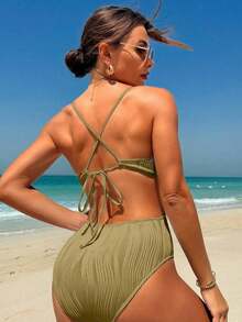 Traje de baño de una pieza con diseño de espalda descubierta, de unicolor, fashionable, para playa de verano, color blanco - Verde militar - Ver 2
