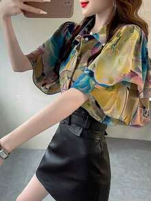Camisa elegante de mujer con mangas de volantes de doble capa, botones de perla y estampado floral, adecuada para uso diario, vacaciones y verano - Multicolor - Ver 5