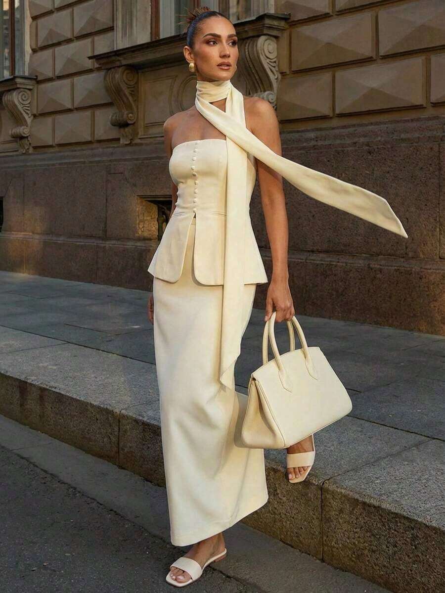 Top corto sin mangas con diseño de lazo y falda ajustada con abertura, color albaricoque, elegante para primavera/verano - Albaricoque - Ver 1