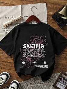 Camiseta Casual Blanca para Mujer con Estampado Gráfico de Sakura, Manga Corta con Hombros Caídos, Cuello Redondo, Tejido de Punto de Elasticidad Media para de Primavera - Negro - Ver 3