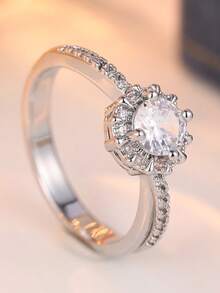 Fashionable Minimalist Round Cut Cubic Zirconia Center Stone Ring, Handmade Jewelry Suitable For Wedding Banquet, Perfect Gift For Women - Silver - View 10