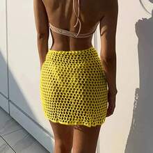 2024 Women's Knitted Hollow Out Solid Color Sexy Beach Sunscreen Short Dress Swimsuit Cover-Up Sarong Skirt - 黃色 - 查看 3