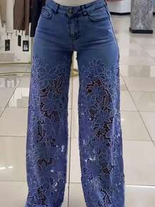 Pantalón de mezclilla nuevo de primavera-verano para mujer, tiro alto, corte ancho, de moda, elegante, versátil, con encaje calado, caída fluida, diseño favorecedor, perfecto para looks de día, oficina y ocasiones informales - Azul oscuro - Ver 3