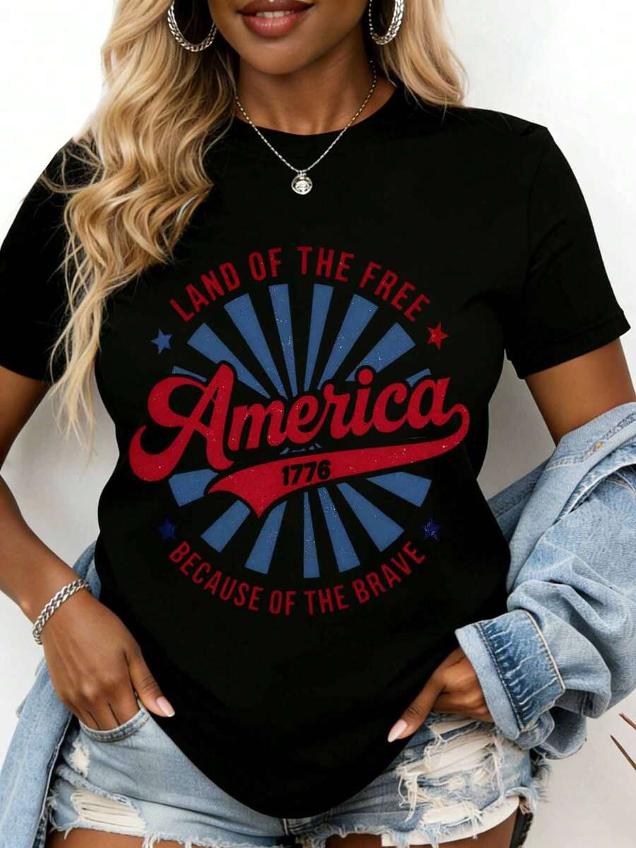 America Land Of The Free Because Of The Brave 1776 Patriotic T-Shirt For Women Independence Day Fourth Of July Celebration Casual Graphic Tee Shirt - 黑色 - 查看 1