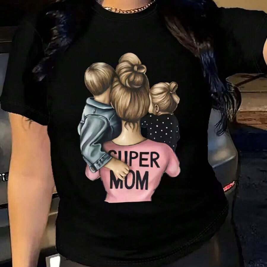 Camiseta para Mujer Super Mamá con Estampado de Madre y Niños Diseño de Familia Cuello Redondo Manga Corta Negra Talla Grande - Negro - Ver 1