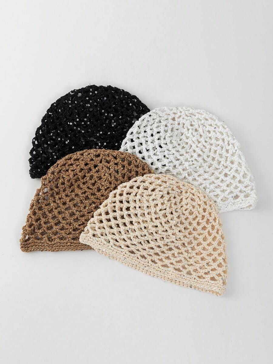 1 chiếc mũ len móc ren đính sequin nhẹ, thời trang dành cho nữ, thích hợp cho đi biển, phong cách boho, mùa xuân và mùa thu. - A - Xem 1