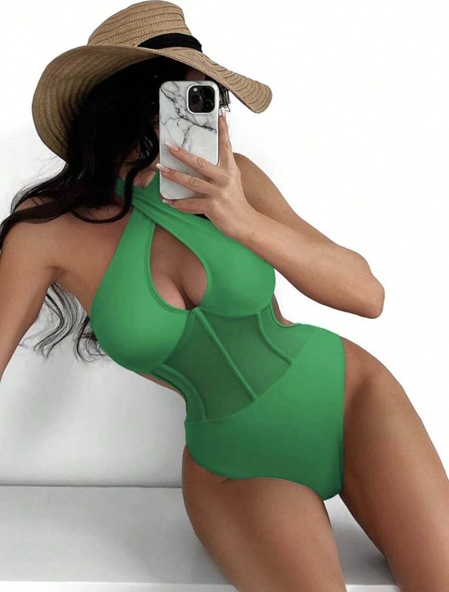 Nuevo y sexy traje de baño de una pieza con detalles de malla. - Verde - Ver 1