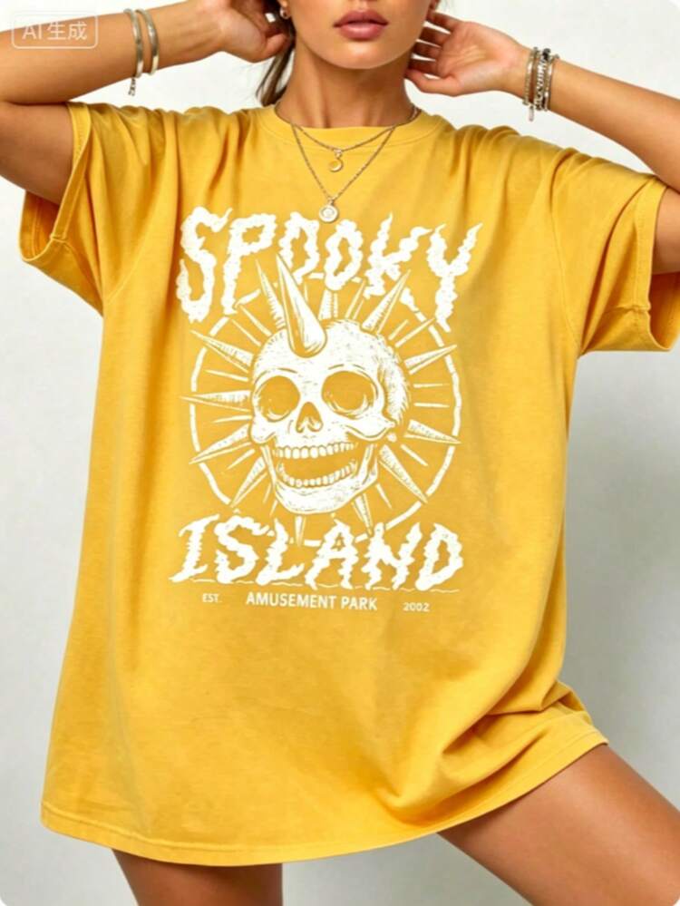 Gothic Punk 100% Cotton T-Shirt, Spooky Island Skull Graphic Tee, Womens Street Concert Summer Top, Short Sleeve, Dark Aesthetic, Y2K Style, Edgy Fashion, Halloween Outfit,   For Women - Màu vàng - Xem 8
