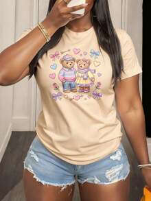 Camiseta de manga corta para mujer con estampado de ositos de peluche y corazones en tonos pastel, ideal para el Día de San Valentín. vestidos de graduación - Albaricoque - Ver 5