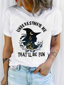 Camiseta de algodón puro para mujer, con estampado de bruja de Halloween "Subestima mi capacidad, sería divertido" - camiseta casual de manga corta y cuello redondo, con letras llamativas y diseño misterioso, lavable a máquina, elasticidad media, para primavera/verano, disfraz de Halloween, camiseta con temática de bruja, tela opaca. - Blanco - Ver 1