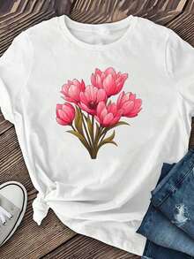 [Sporty T-Shirt]Women'S Casual Floral Print Short Sleeve T-Shirt - Vibrant Pink Daisy Design, Round Neck, Medium Stretch, Lightweight Fabric For Spring/Summer/Fall, Spring Summer Top |   Floral Print Top |   Stretchy FabricRelaxed Plus Size T-Shirtplayeras de mujer algodon  blusa negras para dama - Blanco - Ver 3