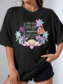 Camiseta Negra y Blanca para Niña, Camiseta Blanca con Diseño Floral y Texto en Español "Mis Ojos Tengo Siempre En El Señor" para Uso Casual y Eventos Religiosos, Fiesta al Aire Libre, Camiseta Estampada Casual de 180g - Negro - Ver 7