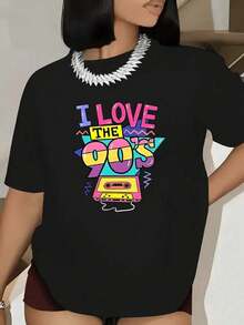 Camiseta Gráfica Retro de las Años 90 para Mujer - Diseño Vintage de Música de las Años 90 I Love The 90s con Cinta de Cassette y Íconos de las Años 90 - Camiseta Ligera para Fans de la Nostalgia de las Años 90 - Negro - Ver 8