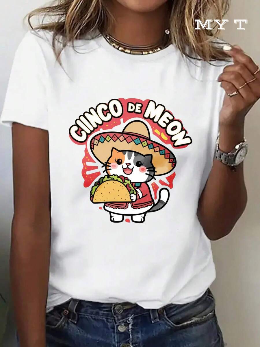 Camiseta de Mujer MYAZUL T, Camiseta de Algodón Suave de Talla Grande con Diseño de Gato y Taco para el Cinco de Mayo, Temática Mexicana Festiva, Estampado de Animales Adorable, Atuendo de Verano, Regalo Perfecto para Amantes de los Gatos y Fanáticos de la Fiesta, Vestidos de Mujer Verano a la Moda, Casual, Perfecto para Todas las Temporadas, Tallas S - XXL, Camisetas para Salir para Mujer - Blanco - Ver 1