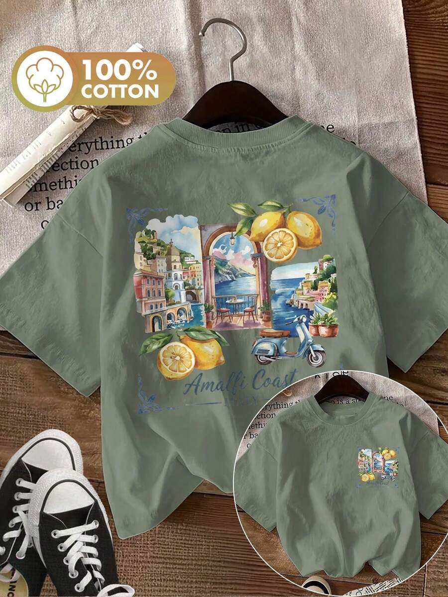Edición Limitada: Ropa de Primavera y Verano para Mujer con Estampados de Doble Cara, Estilo Acuarela con Limones Inspirado en la de Amalfi en Italia. Camiseta Versátil de Manga Corta y Cuello Redondo de Algodón Ligero - Verde - Ver 1