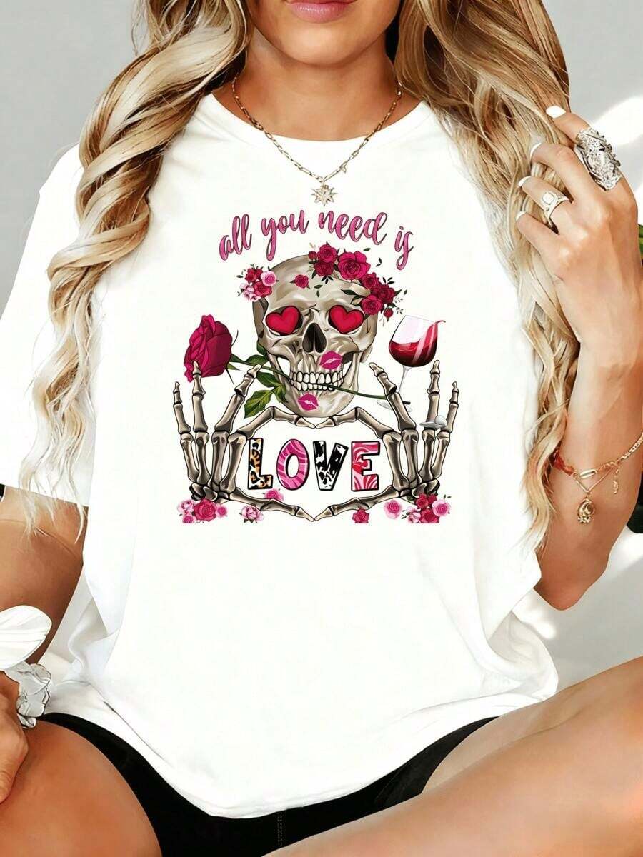Camiseta Gráfica "All You Need Is Love" con Calaveras y Rosas para Mujer, Moda Casual, Talla Grande, Camiseta Holgada de 180g, para Ocio, Hogar, Aire Libre, Regalo para el Día de San Valentín o Fiesta - Blanco - Ver 1