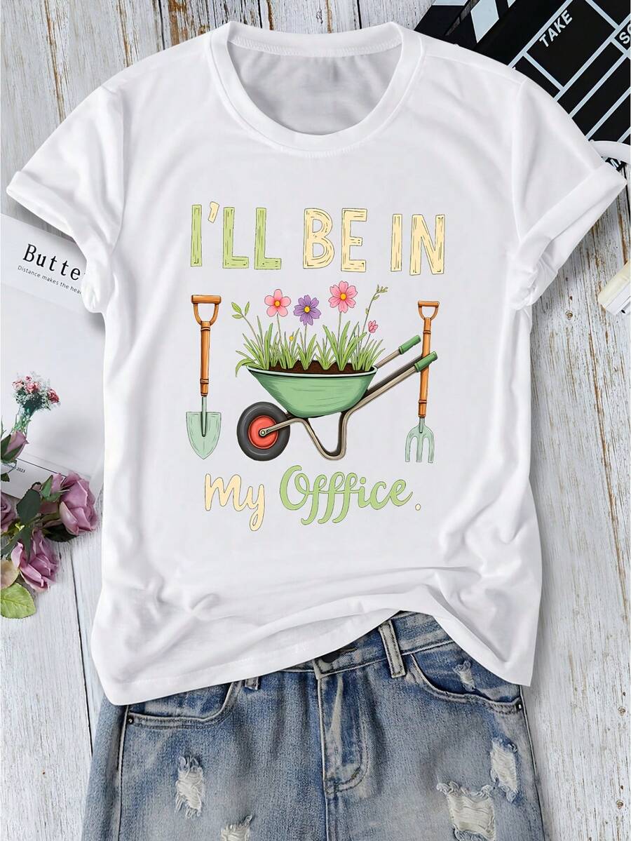 Ropa de vacaciones con estampado divertido de temática de jardinería, cuello redondo, top de verano casual y elegante para mujer, adecuado para uso diario y para ir al trabajo, camiseta de manga corta versátil, conjunto de verano de una pieza adecuado para primavera, verano, otoño e invierno, disponible en múltiples colores, tallas S-XXL. - Blanco - Ver 1