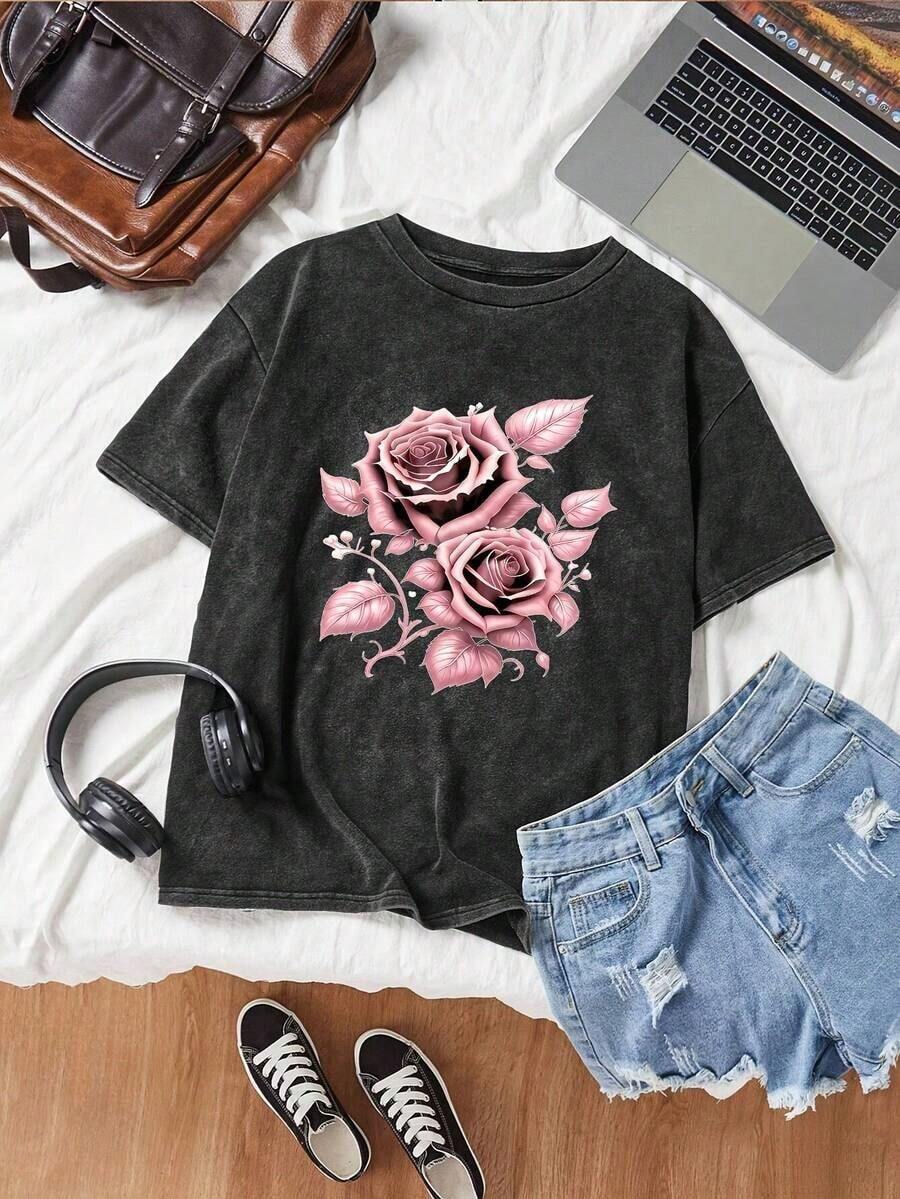 Camiseta casual de uso diario con estampado de rosas y cuello redondo, con mangas cortas en estilo retro CRCB. - Negro - Ver 1