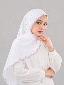 1pc Women's New Floral Chiffon Headscarf, Soft Breathable Versatile Scarf, Muslim Sun Protection Hijab Headwrap, Suitable For Daily Wear In All Seasons - Multi-colored - Pink and Green Lace Long Scarf - View 3