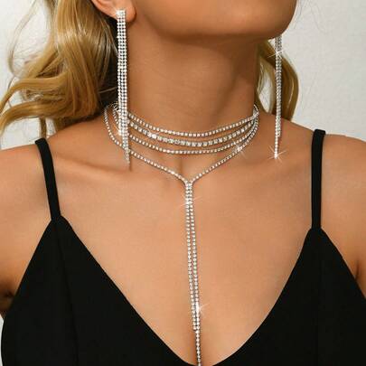 Luxury Rhinestone Tassel Long Necklace & Earring Jewelry Set, Suitable For Women's Wedding, Gala, Party, Birthday, Holiday Gift