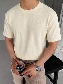 Men's Textured Plaid Round Neck Short Sleeve T-Shirt, Breathable Vintage Casual Top For Summer - Apricot - View 4