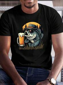 -Funny Beer And Fish Graphic Tee - Available In Plus And Long Sizes - Lightweight, Breathable Tee Perfect For Fishing, The Gym, And Parties -Casual Fish Wearing A Hat Tee - Great Gift For Fishing Lovers - Loose And Comfortable - A the Picture How - View 1