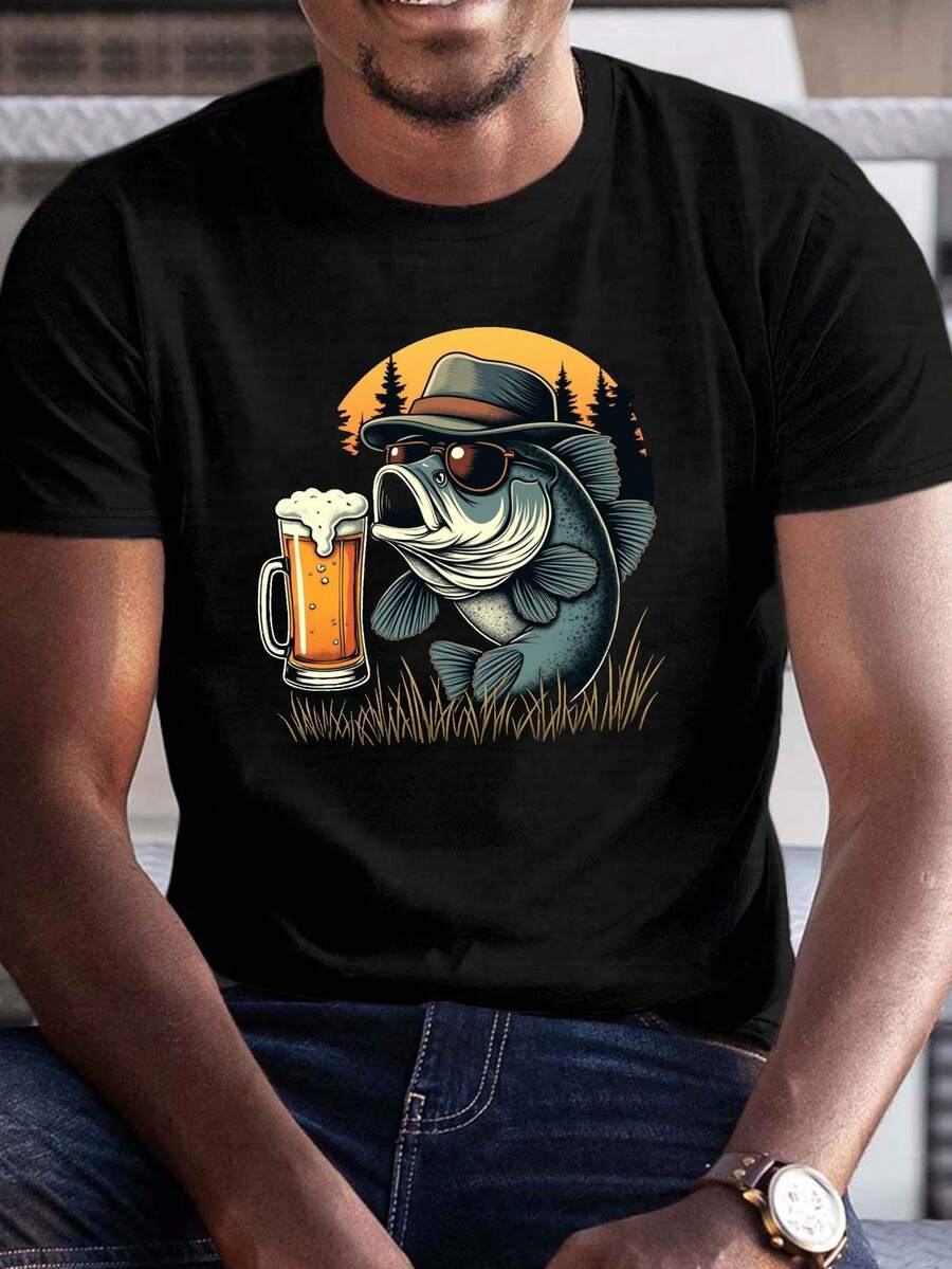 -Funny Beer And Fish Graphic Tee - Available In Plus And Long Sizes - Lightweight, Breathable Tee Perfect For Fishing, The Gym, And Parties -Casual Fish Wearing A Hat Tee - Great Gift For Fishing Lovers - Loose And Comfortable - A the Picture How - View 1