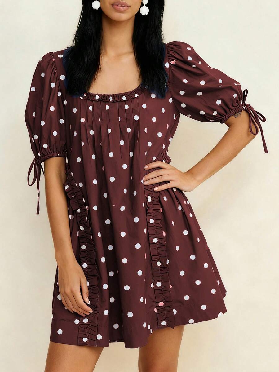 Women Short Puffy Sleeve Princess Tulle Dress Fluffy Mesh Fairy Mini Dress Bubble Sleeve Party Prom Dress - Brown - View 1
