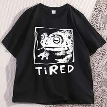 Camiseta divertida y con estampado de ranas cansadas para hombre y mujer, camiseta informal de manga corta de algodón puro estampado, cuello redondo estilo urbano, camiseta gráfica, ropa. - Negro - Ver 2