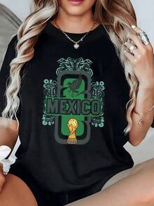 Símbolo de orgullo mexicano con motivos aztecas y trofeo dorado que refleja la pasión del fútbol y la unión del pueblo camiseta de mujer casual cómoda perfecta para fanáticas del deporte - Negro - Ver 6
