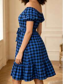 Casual Short Dress With Buttons Down The Front, Long Sleeves, And A Plaid Print. - 藍色 - 查看 1