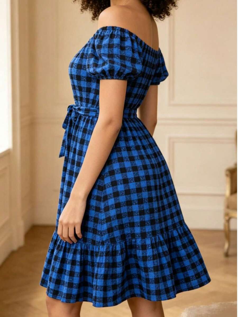 Casual Short Dress With Buttons Down The Front, Long Sleeves, And A Plaid Print. - 藍色 - 查看 1