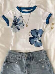 Blusa corta de estilo retro con estampado tropical floral y bloques de color, cuello redondo, manga corta, cómoda camiseta, adecuada para salidas de verano - Multicolor - Ver 7