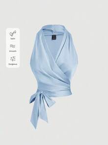 Parte superior de tirantes sin mangas con nudo en la espalda y diseño cruzado en azul claro vintage para mujer - Celeste - Ver 5