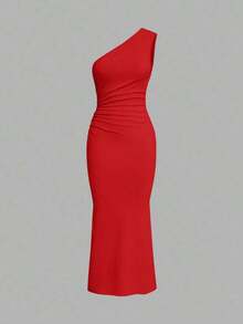 Vestido maxi de cola de pez con hombro asimétrico arrugado de unicolor sin mangas - Rojo - Ver 6