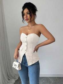Top corto ajustado de verano para mujer con textura rosa, con detalle de botón de perla - Albaricoque - Ver 5