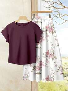 2 piezas Conjunto de top casual de unicolor + falda con estampado geométrico blanco y negro para vacaciones de mujer, Conjunto de ropa de verano para mujer, Conjunto de falda y top de verano, Conjunto de falda y top de mujer, Conjunto de falda - Multicolor 12 - Ver 6
