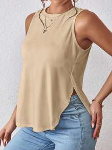 1 pieza Camiseta casual de mujer de cuello redondo y bajo con abertura lateral de un solo color - Albaricoque - Ver 7